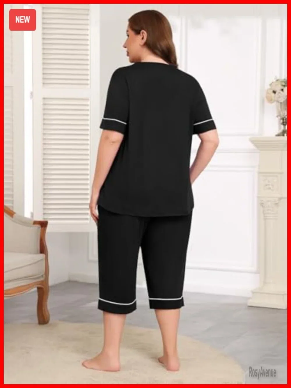 Plus Size Pajama Set 2 Piece V Neck Short Sleeve Capri Pants Loungewear with